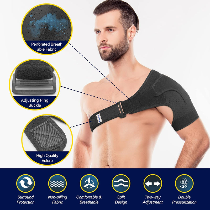 Recovery Shoulder Brace for Men and Women, Stability Support Adjustable Fit Sleeve Wrap, Relief for Shoulder Injuries and Tendonitis, One Size Regular, Black