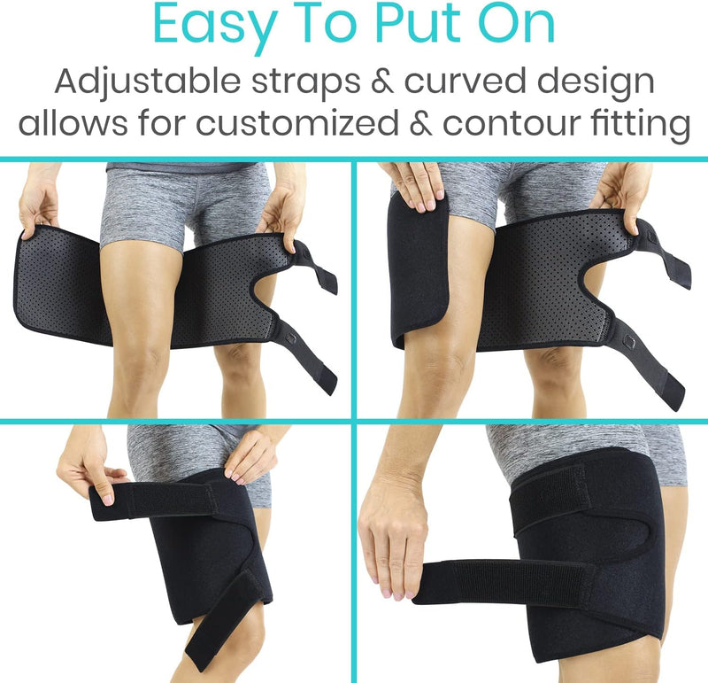 Thigh Brace - Hamstring Quad Wrap - Adjustable Compression Sleeve Support for Pulled Groin Muscle,Men, Women (Black)