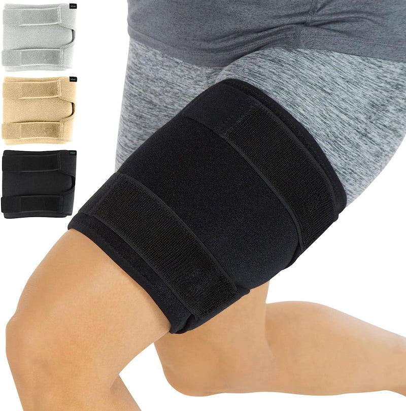 Thigh Brace - Hamstring Quad Wrap - Adjustable Compression Sleeve Support for Pulled Groin Muscle,Men, Women (Black)