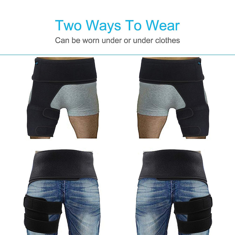 Hip Thigh Support Brace Groin Compression Wrap for Pulled Groin Sciatic Nerve Pain Hamstring Injury Recovery and Rehab Fits Both Legs Men & Women Black