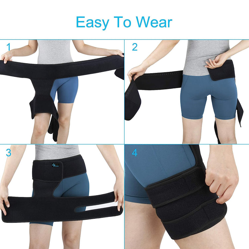 Hip Thigh Support Brace Groin Compression Wrap for Pulled Groin Sciatic Nerve Pain Hamstring Injury Recovery and Rehab Fits Both Legs Men & Women Black