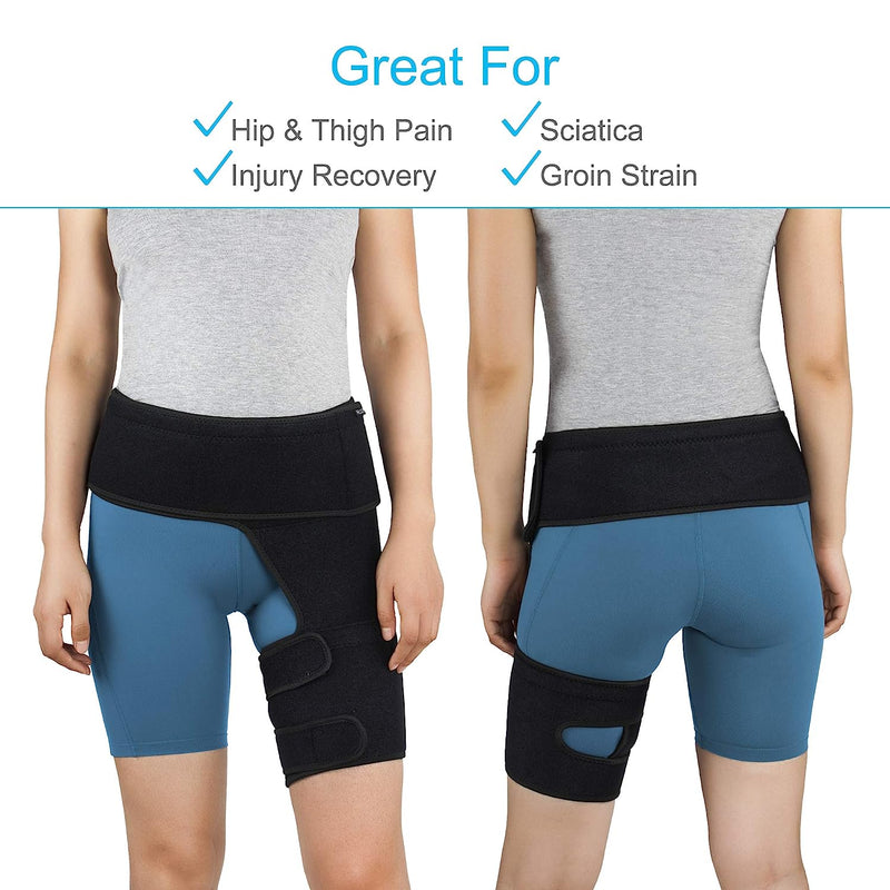 Hip Thigh Support Brace Groin Compression Wrap for Pulled Groin Sciatic Nerve Pain Hamstring Injury Recovery and Rehab Fits Both Legs Men & Women Black