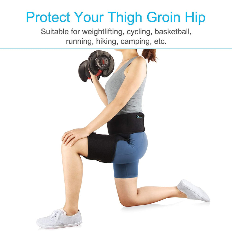 Hip Thigh Support Brace Groin Compression Wrap for Pulled Groin Sciatic Nerve Pain Hamstring Injury Recovery and Rehab Fits Both Legs Men & Women Black