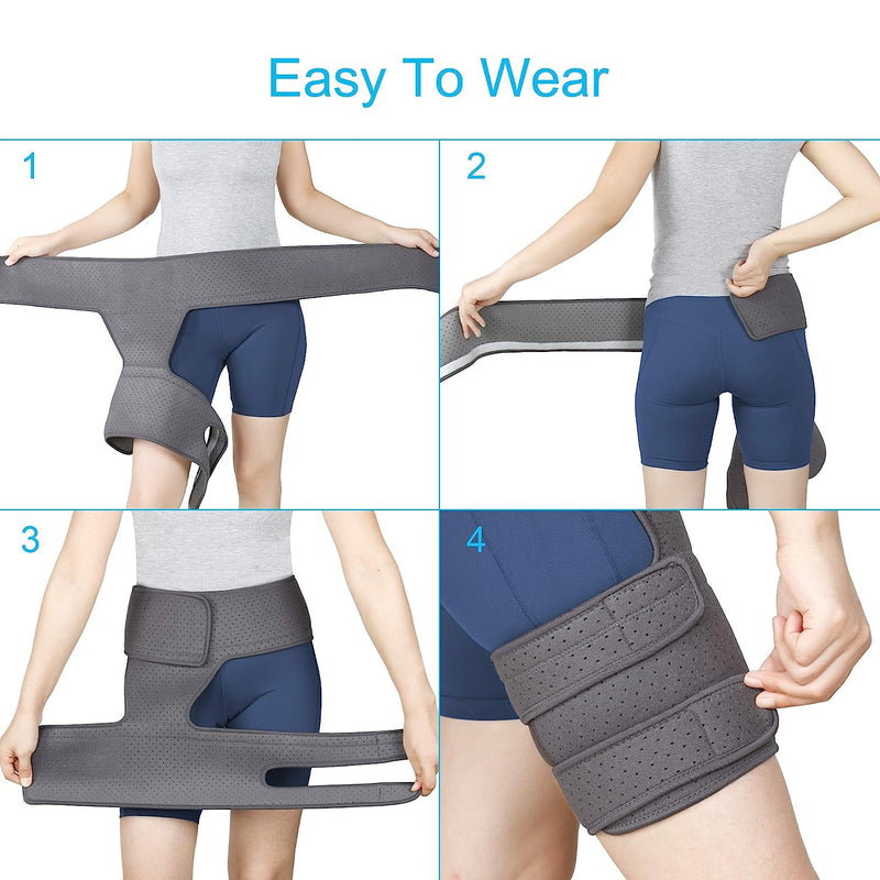 Hip Thigh Support Brace Groin Compression Wrap for Pulled Groin Sciatic Nerve Pain Hamstring Injury Recovery and Rehab Fits Both Legs Men & Women Gray