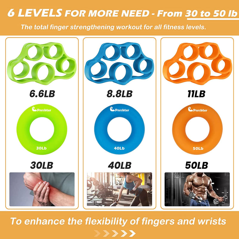 Hand Grip Strengthener, Finger Exerciser, Grip Strength Trainer (6 PCS) NEW MATERIAL Forearm grip workout, Finger Stretcher, Relieve Wrist & Thumb Pain, Carpal tunnel,Hand Grip Strengthener
