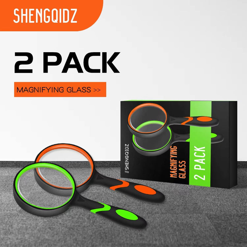 2 Pack 75mm 10X Handheld Magnifying Glass Shatterproof Reading Magnifier for Seniors and Kids (Orange+Green)