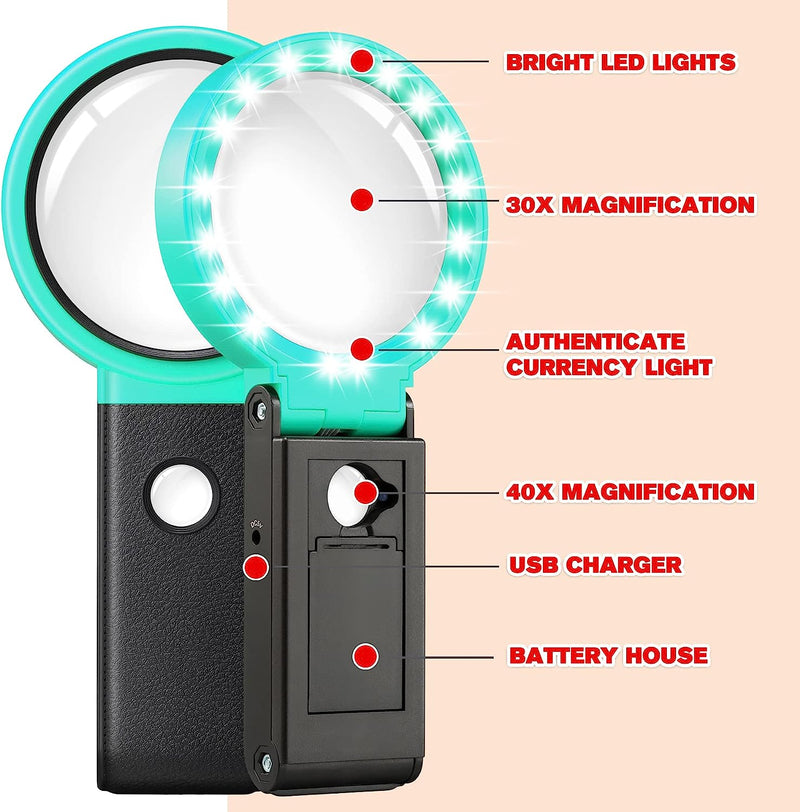 30X 40X Magnifying Glass with Light and Stand, Folding Design 18 LED Illuminated Magnifying Glass for Close Work, Large Magnifying Glasses for Reading Green