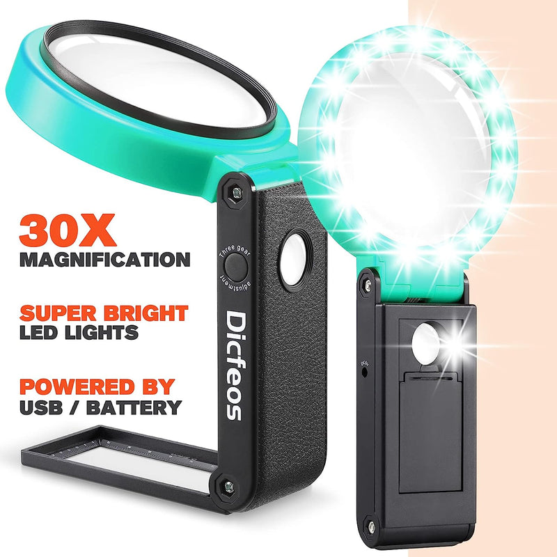 30X 40X Magnifying Glass with Light and Stand, Folding Design 18 LED Illuminated Magnifying Glass for Close Work, Large Magnifying Glasses for Reading Green