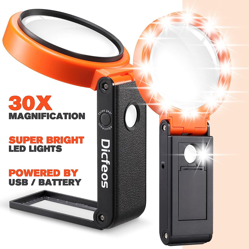 30X 40X Magnifying Glass with Light and Stand, Folding Design 18 LED Illuminated Magnifying Glass for Close Work, Large Magnifying Glasses for Reading Orange
