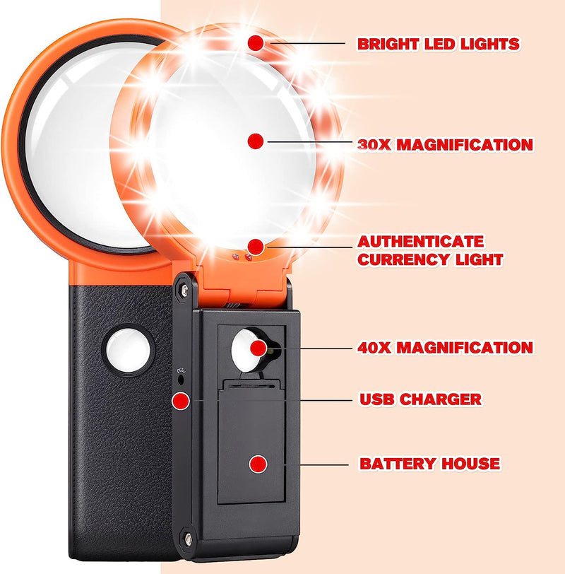 30X 40X Magnifying Glass with Light and Stand, Folding Design 18 LED Illuminated Magnifying Glass for Close Work, Large Magnifying Glasses for Reading Orange