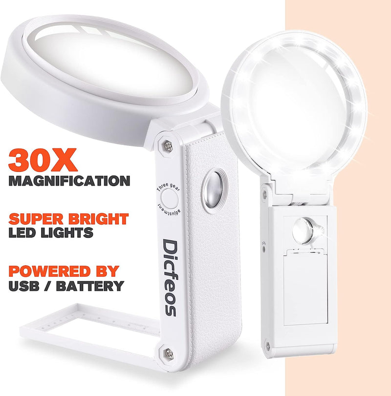 30X 40X Magnifying Glass with Light and Stand, Folding Design 18 LED Illuminated Magnifying Glass for Close Work, Large Magnifying Glasses for Reading White