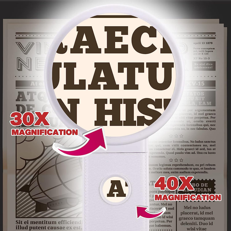 30X 40X Magnifying Glass with Light and Stand, Folding Design 18 LED Illuminated Magnifying Glass for Close Work, Large Magnifying Glasses for Reading White