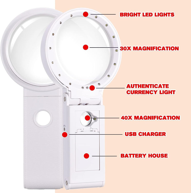 30X 40X Magnifying Glass with Light and Stand, Folding Design 18 LED Illuminated Magnifying Glass for Close Work, Large Magnifying Glasses for Reading White
