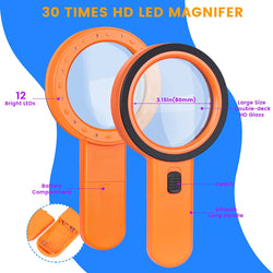 Magnifying Glass with Light, 30X Handheld Large Magnifying Glass 12 LED Illuminated Lighted Magnifier for Macular Degeneration Seniors Reading Inspection Coins Jewelry (Orange)