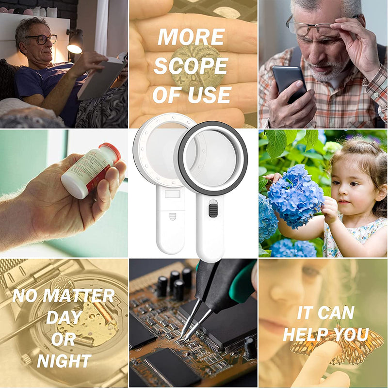 Magnifying Glass with Light, 30X Handheld Large Magnifying Glass 12 LED Illuminated Lighted Magnifier for Macular Degeneration Seniors Reading Inspection Coins Jewelry