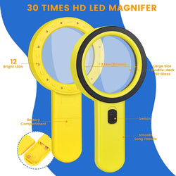 Magnifying Glass with Light, 30X Handheld Large Magnifying Glass 12 LED Illuminated Lighted Magnifier for Macular Degeneration Seniors Reading Inspection Coins Jewelry (Yellow)