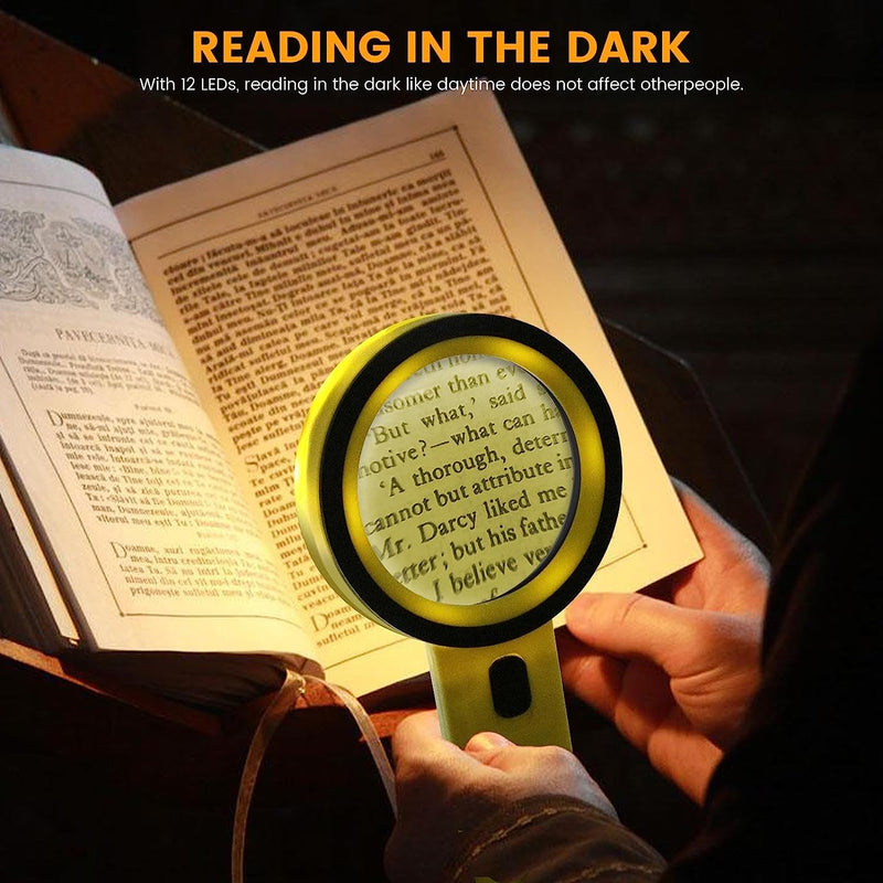 Magnifying Glass with Light, 30X Handheld Large Magnifying Glass 12 LED Illuminated Lighted Magnifier for Macular Degeneration Seniors Reading Inspection Coins Jewelry (Yellow)
