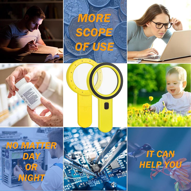 Magnifying Glass with Light, 30X Handheld Large Magnifying Glass 12 LED Illuminated Lighted Magnifier for Macular Degeneration Seniors Reading Inspection Coins Jewelry (Yellow)