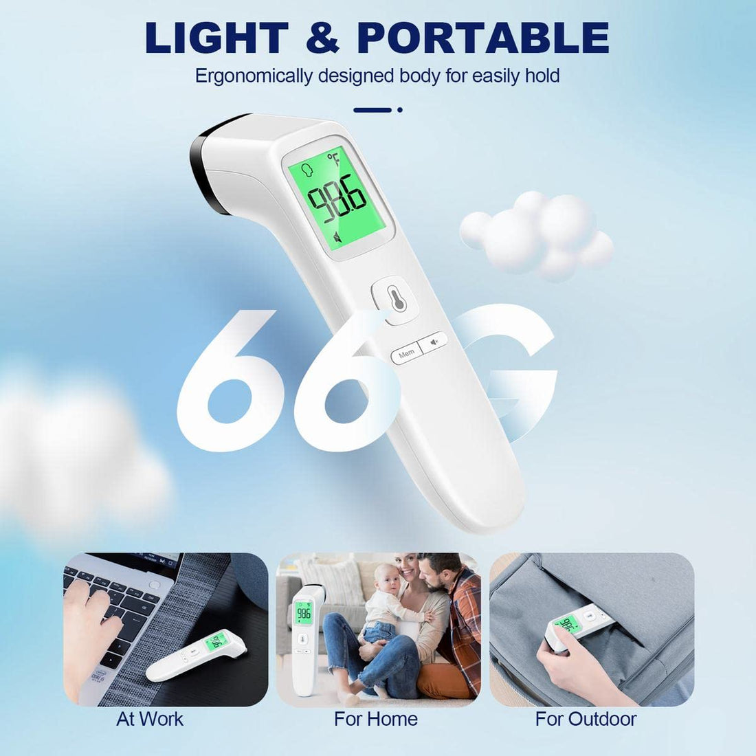 Equipped with a fever alarm thermometer, as well as a LCD display and memory function