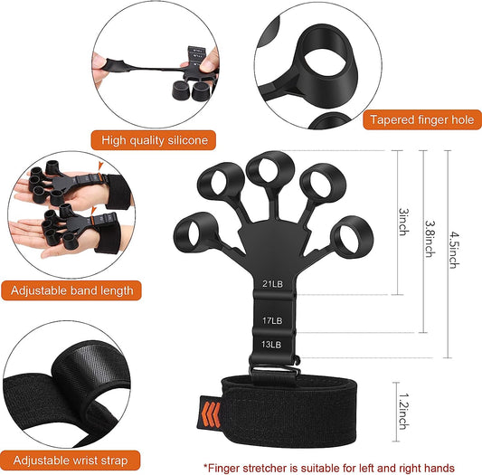 Grip strength device - adjustable hand trainer and finger stretcher - used for muscle building