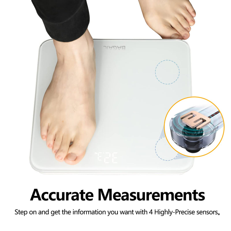 Bathroom Scale, Digital Weighing Scale with High Precision Sensors and Tempered Glass, Ultra Slim, Step-on Technology, Shine-Through Display - 15Yr Guarantee White