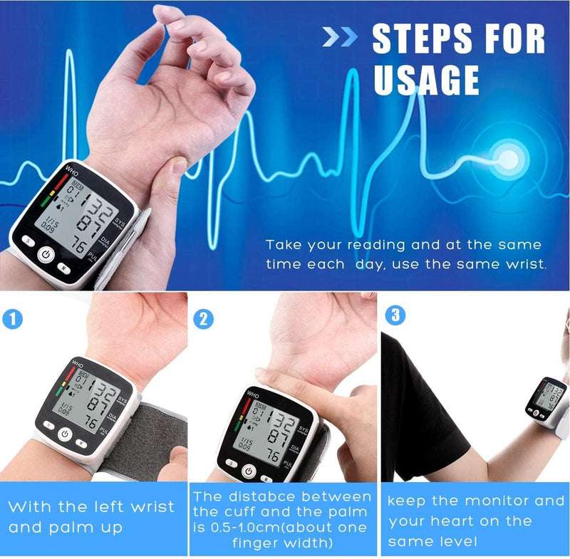 Blood Pressure Monitor, Wrist Blood Pressure Cuff Monitor with USB Charging, Automatic Digital BP Machine,Voice Broadcast, Large Display Screen