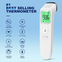 Forehead Thermometer, Baby and Adults Thermometer with Fever Alarm, LCD Display and Memory Function, Ideal for Whole Family White