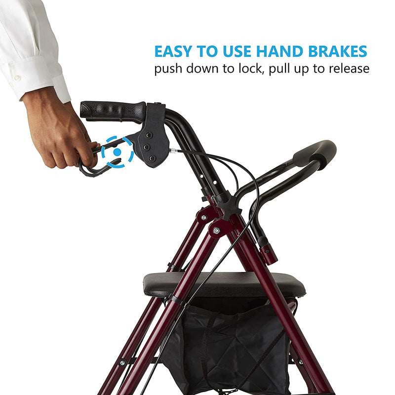 Rollator Walker with Seat, Steel Rolling Walker with 6-inch Wheels Supports up to 350 lbs, Medical Walker, Burgundy