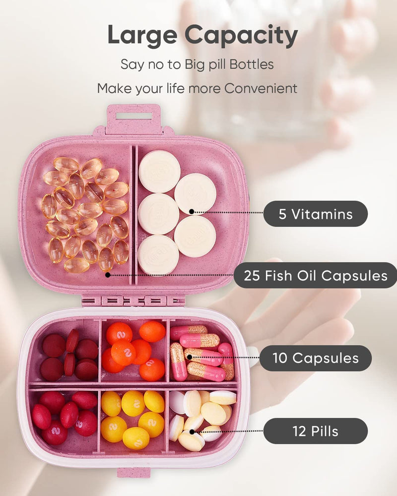 Daily Pill Organizer, 8 Compartments Portable Pill Case, Pill Box to Hold Vitamins, Personal Pill Organizers Cod Liver Oil Pink