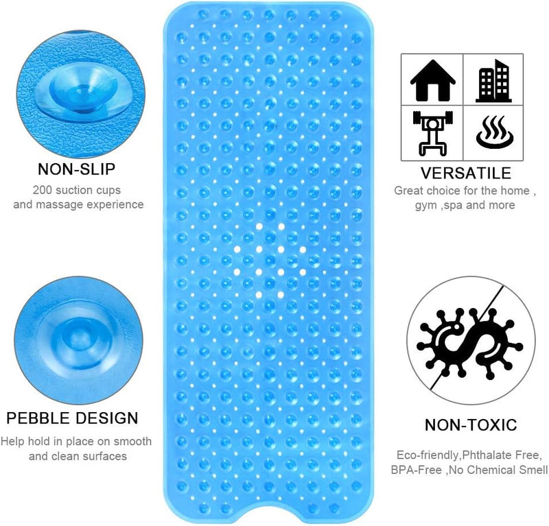 Tub Shower Mat 40 x 16 Inch Non-Slip and Extra Large, Bathtub Mat with Suction Cups, Machine Washable Bathroom Mats with Drain Holes, Blue