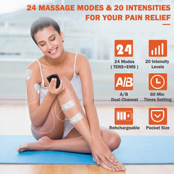 TENS Unit Muscle Stimulator with 24 Modes Rechargeable TENS EMS Device Electronic Pulse Massager Physical Therapy Equipment with12 PCS Electrode Pads for Natural Pain Relief Black