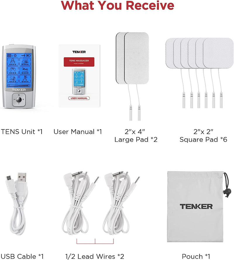 TENS EMS Unit Muscle Stimulator, 24 Modes TENS Machine for Pain Relief & Muscle Strength Rechargeable Electronic Pulse Massager with 2"x2" and 2"x4" TENS Unit Electrode Pads
