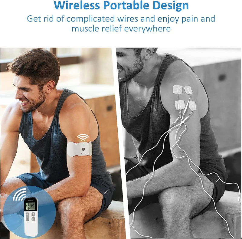 Wireless TENS Unit Muscle Stimulator for Pain Relief Therapy, Rechargeable TENS Machine for Pain Management, Portable TENS Device for Back, Shoulder, Cramps Pain Relief, 15 Modes, 2 Pads