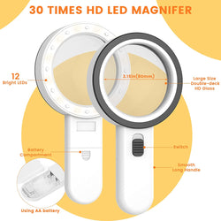 Magnifying Glass with Light, 30X Handheld Large Magnifying Glass 12 LED Illuminated Lighted Magnifier for Macular Degeneration Seniors Reading Inspection Coins Jewelry